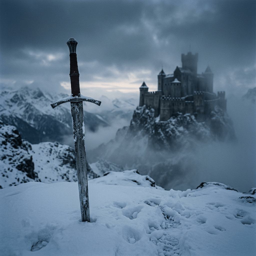 Medieval sword embedded in snow with blurred stone castle in background