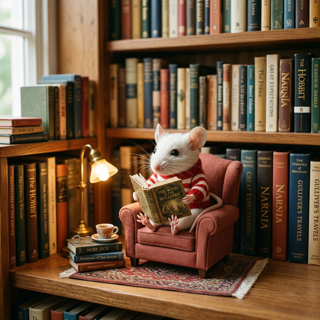 White mouse in striped sweater reading The Wind in the Willows