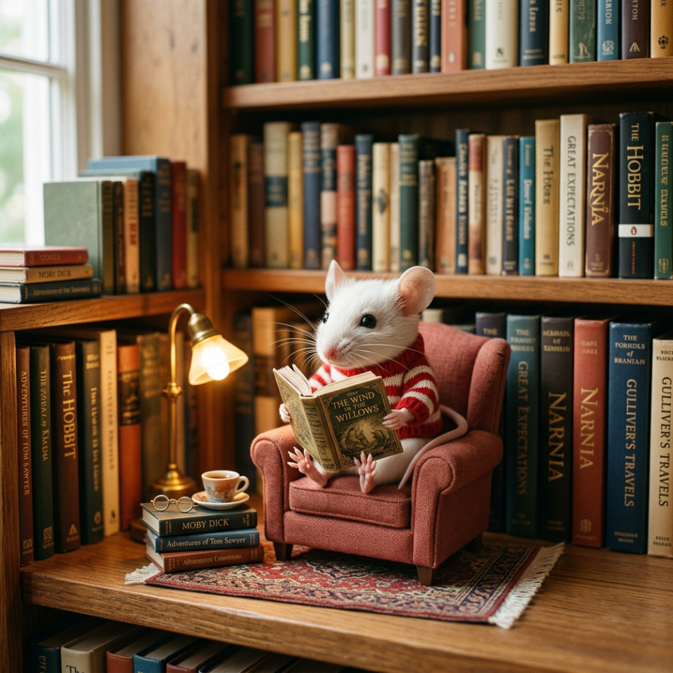 White mouse in striped sweater reading The Wind in the Willows