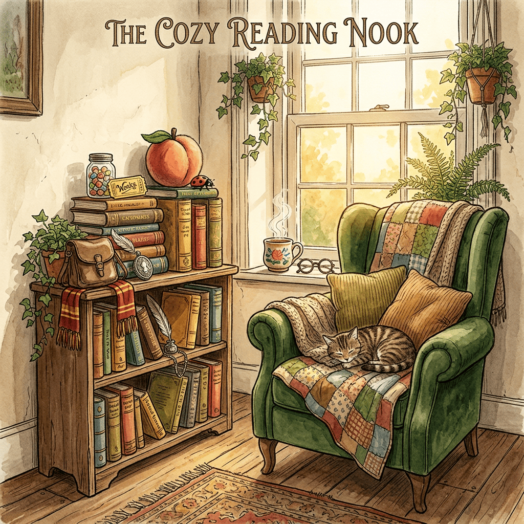 Illustration titled The Cozy Reading Nook with sleeping cat in armchair