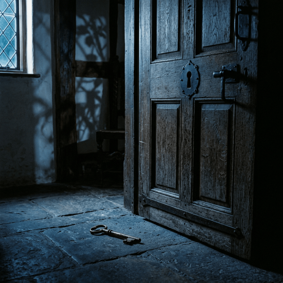 Old key lying on a stone floor beside a dark wooden door